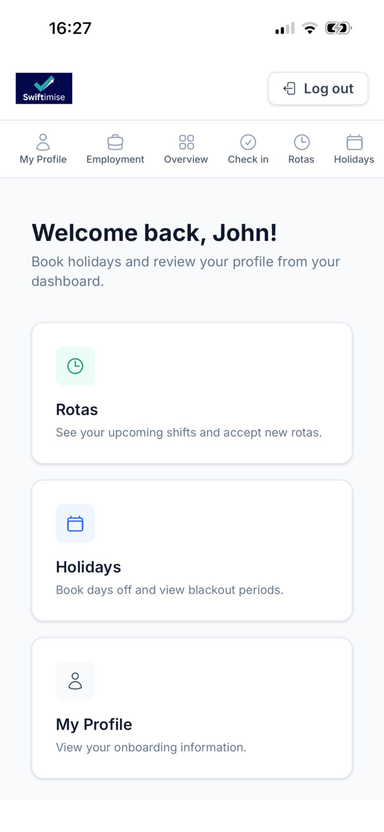 Worker dashboard showing rotas, holidays and profile