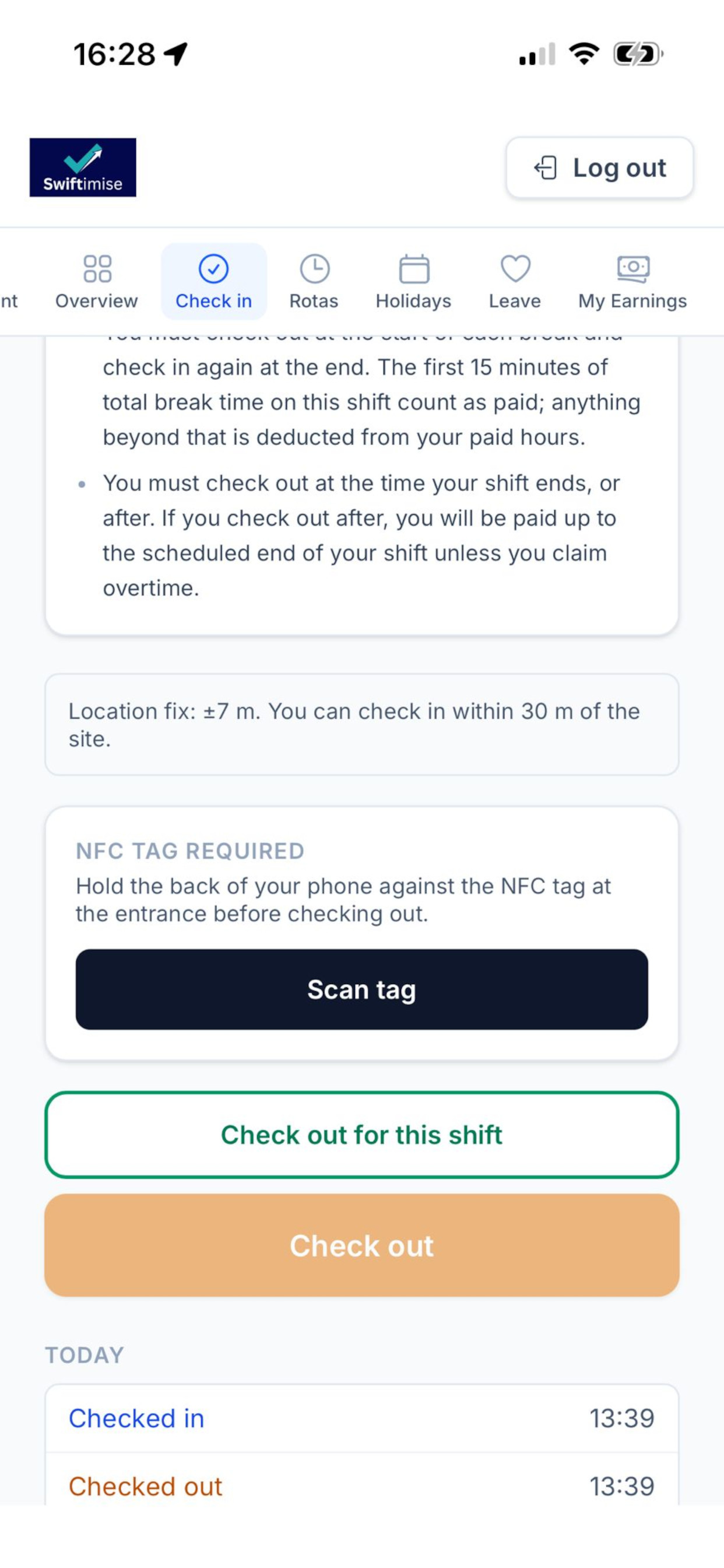 NFC check-in screen with scan-tag and check-out