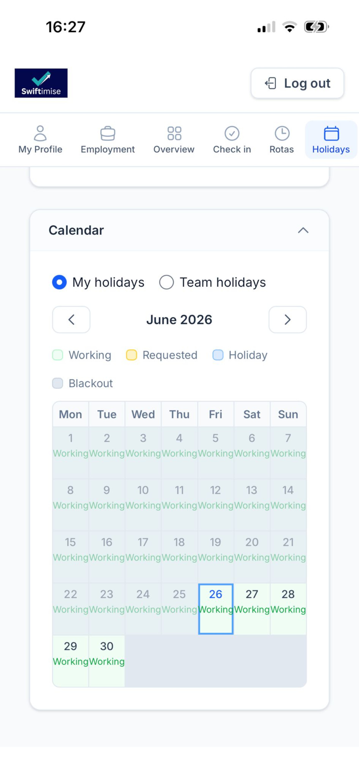 Holiday calendar with working, requested and booked days
